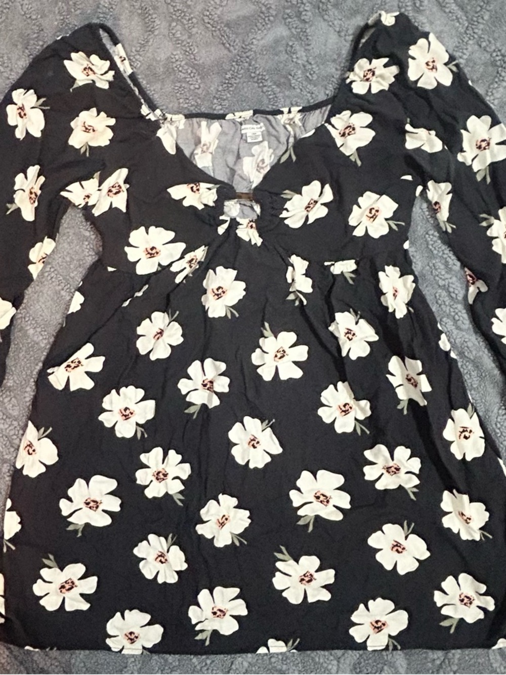 American Eagle Black Floral Babydoll Dress with White Flowers